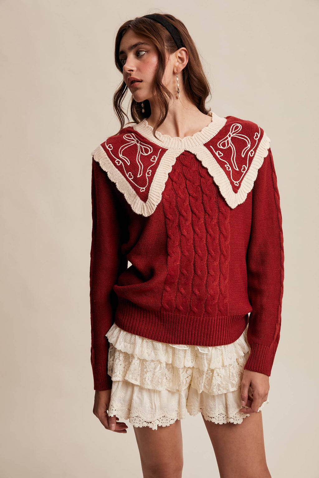 Bow Embroidered Cable Knit Sweater, Burgundy