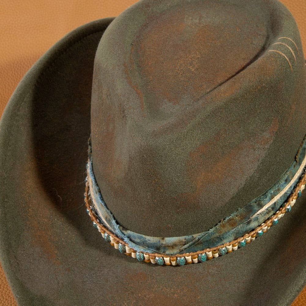 Fabric Beaded Distressed Western Cowboy Hat