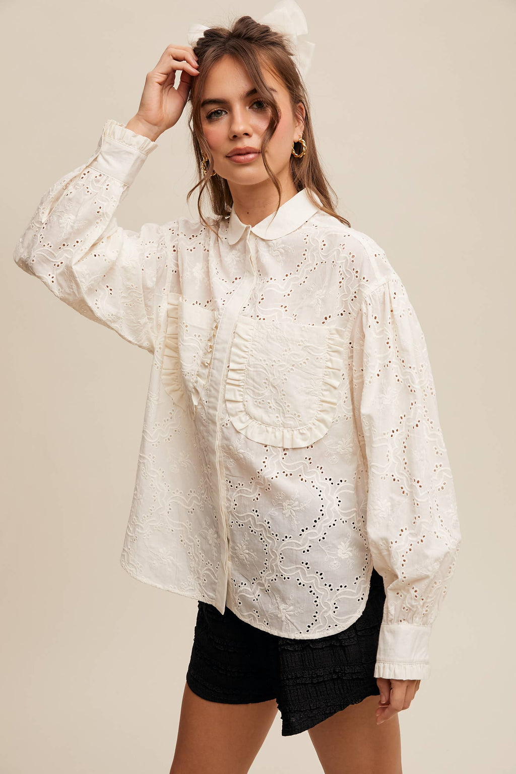 Eyelet Ruffle Pocket Button-Up Blouse Off White
