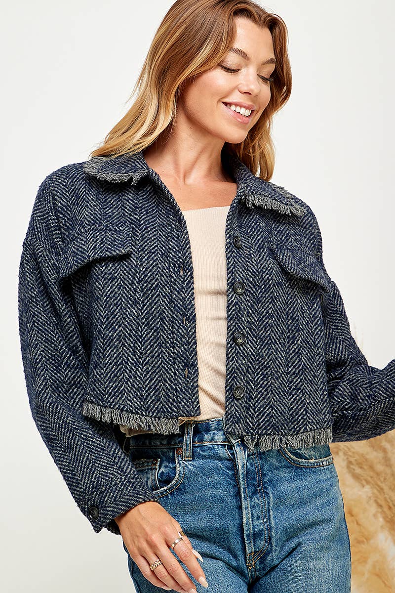 Navy Herringbone Fringe Jacket