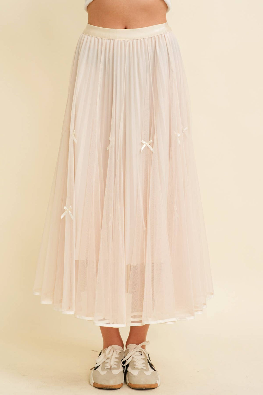 CS13400K - RIBBON DETAIL MESH MAXI SKIRT: Cream / S