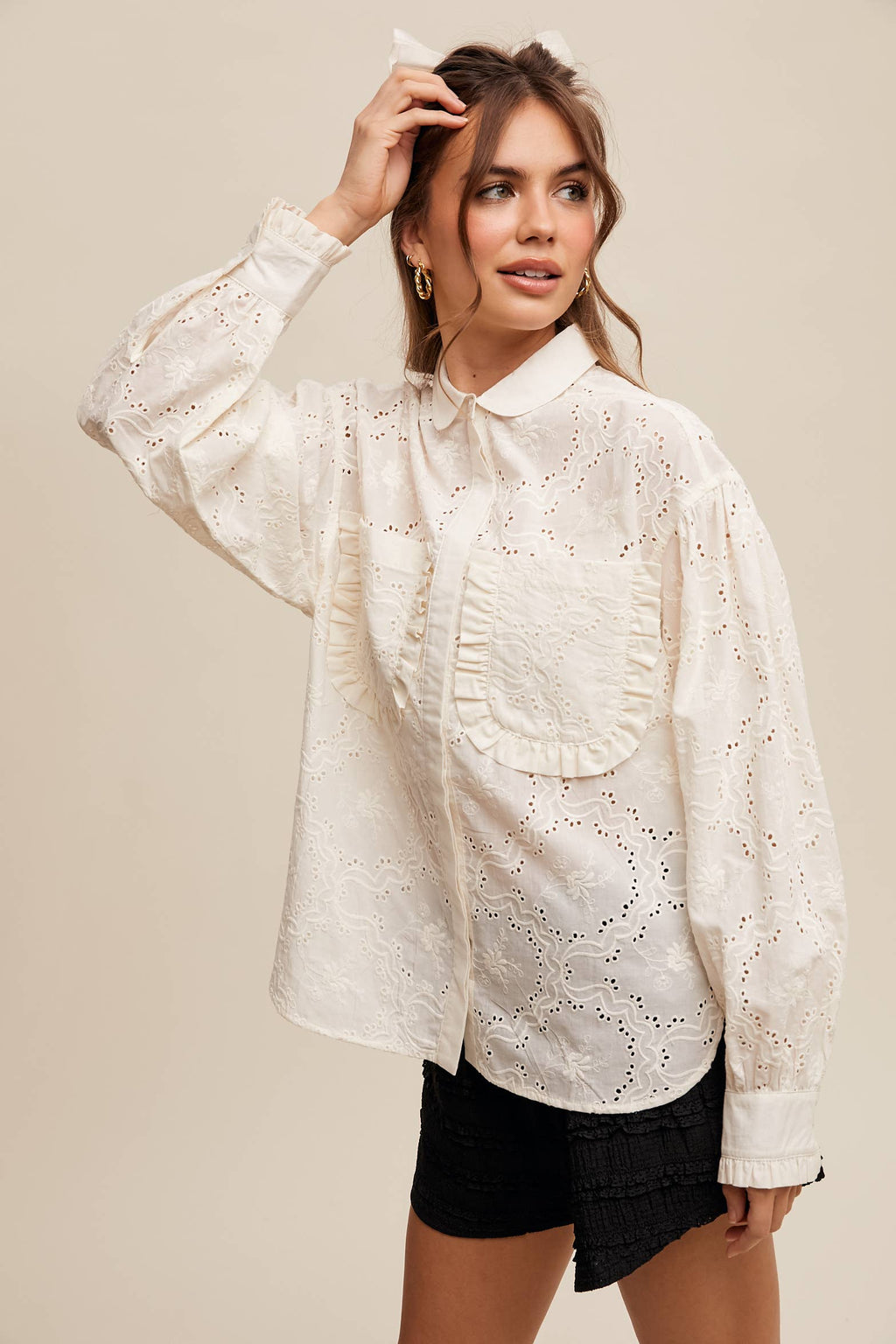 Eyelet Ruffle Pocket Button-Up Blouse Off White