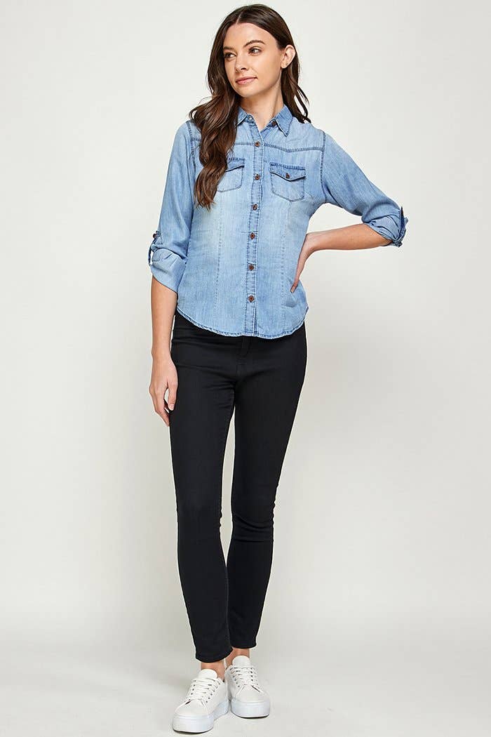 Chambray Denim Shirt with 2 Pockets, LIGHT WASH