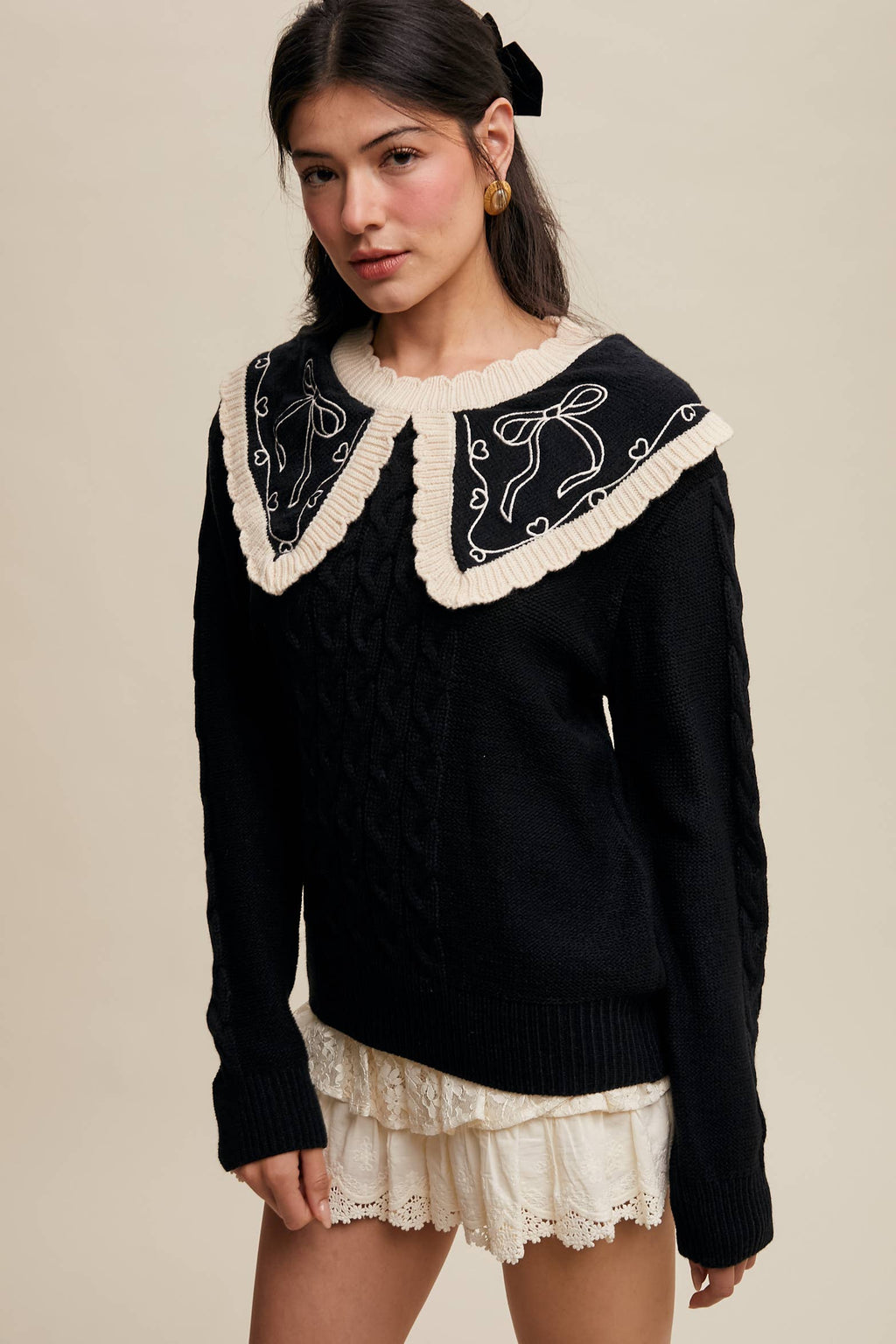 Bow Embroidered Cable Knit Sweater, Burgundy