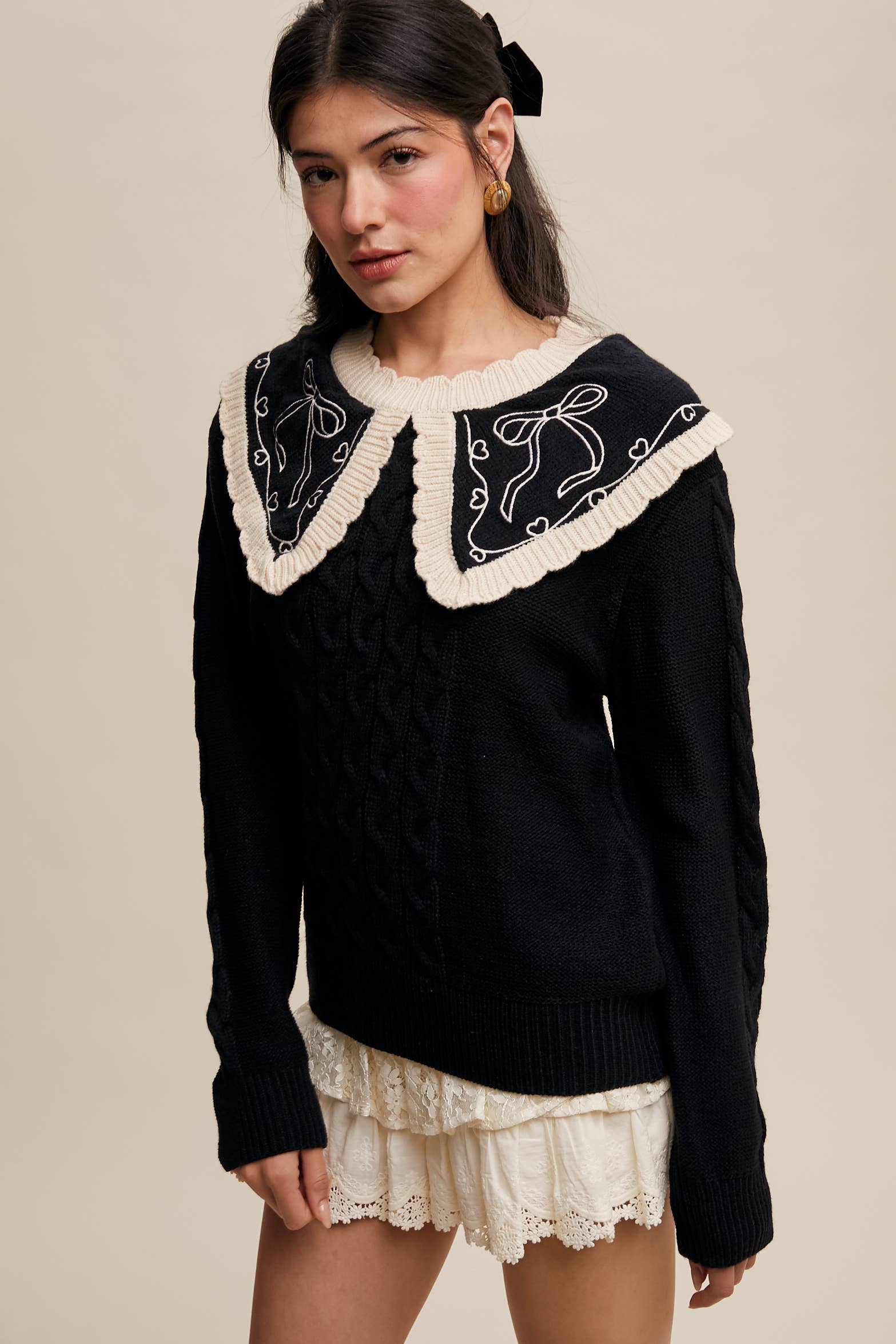 Bow Embroidered Cable Knit Sweater, Burgundy