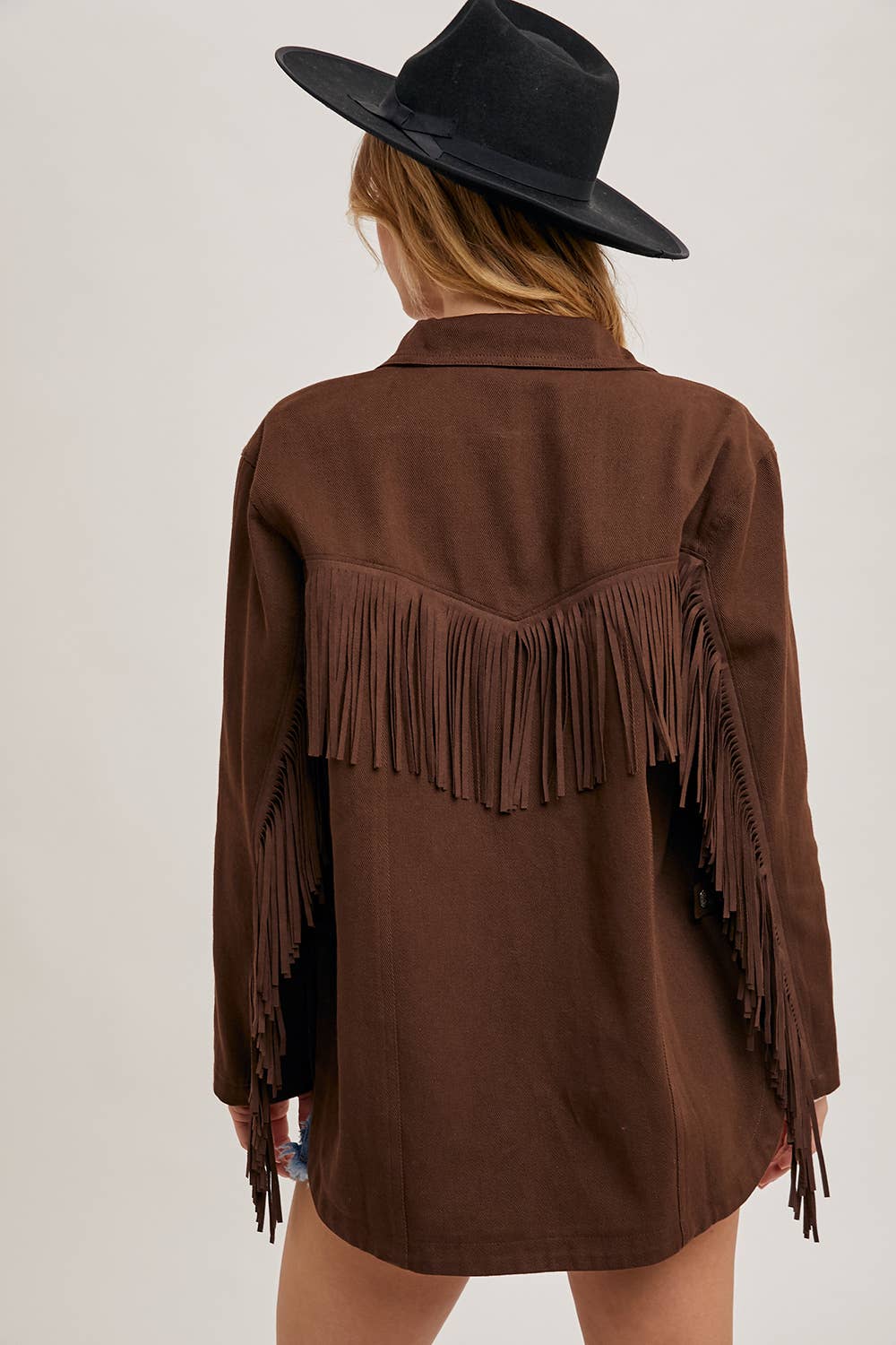 DENIM WESTERN FRINGE BUTTON DOWN JACKET ESPRESSO / S