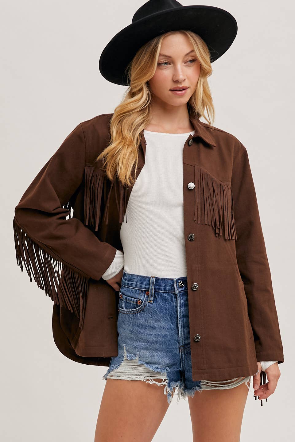 DENIM WESTERN FRINGE BUTTON DOWN JACKET -ESPRESSO / M