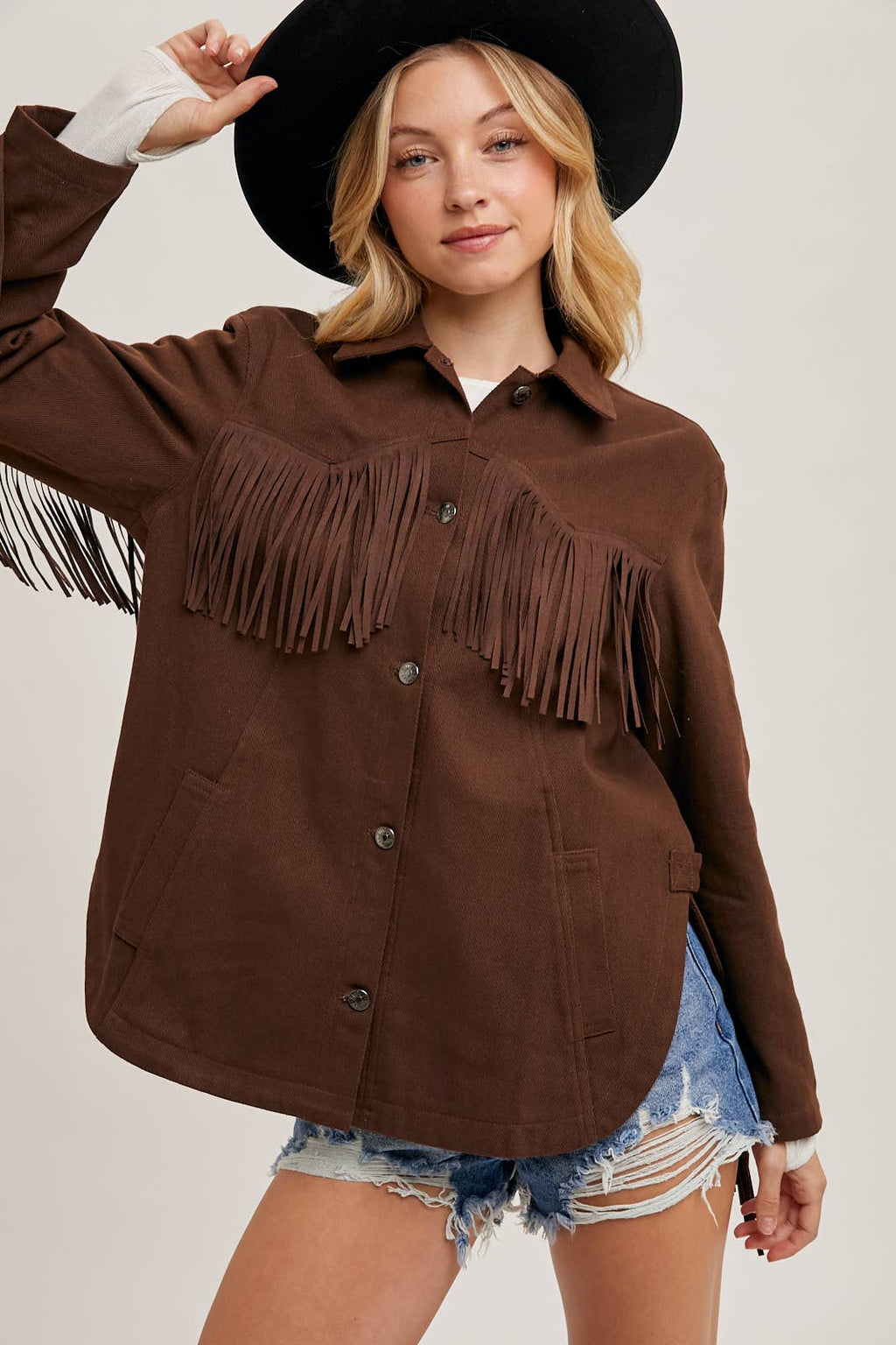 DENIM WESTERN FRINGE BUTTON DOWN JACKET ESPRESSO / S