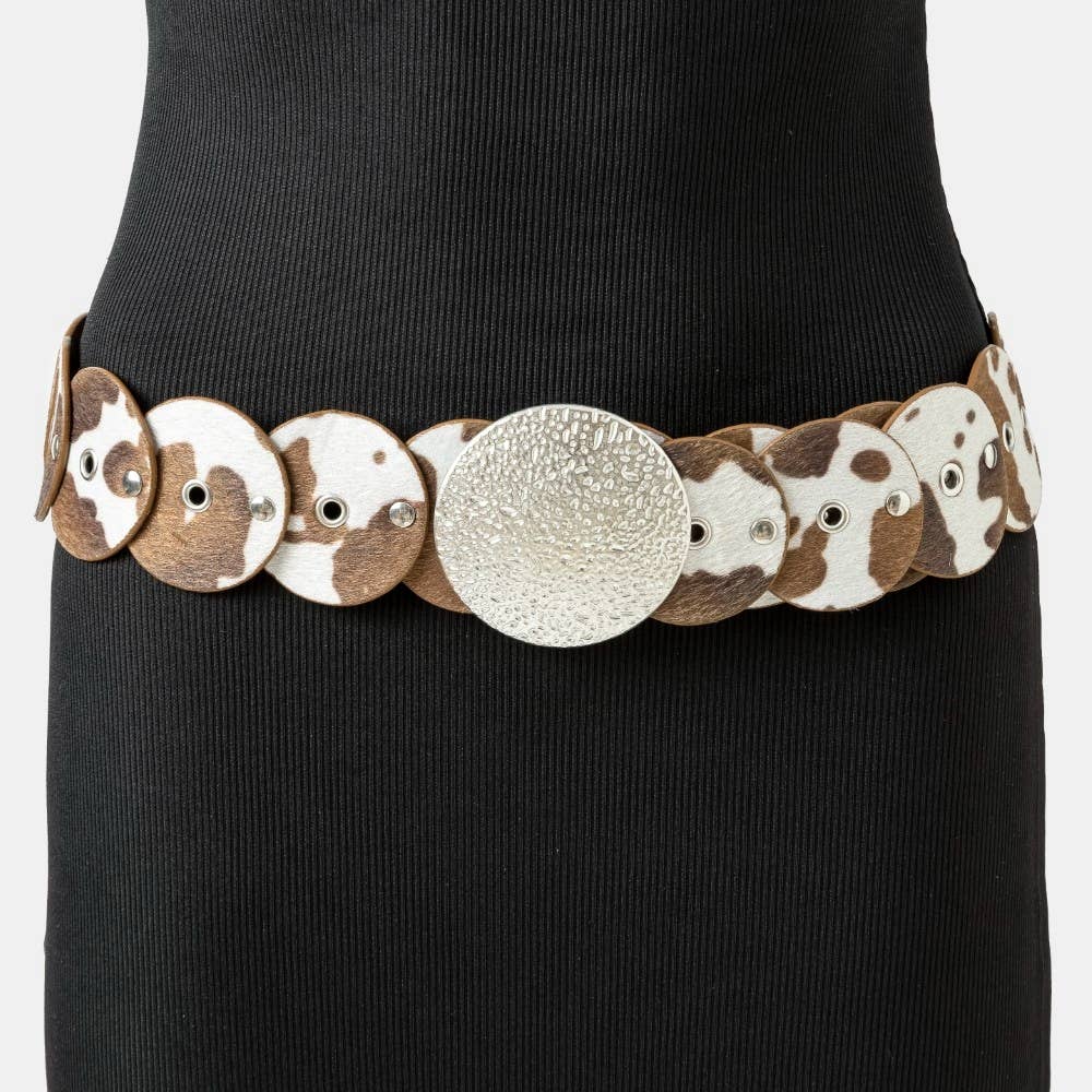 Western Inspired Cowhide Large Round Buckle Vegan Leather Belt