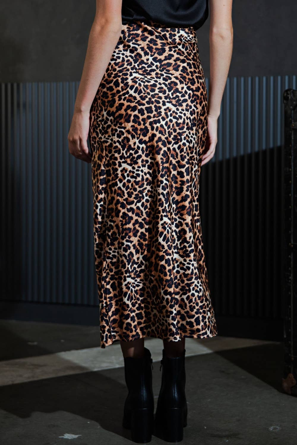 Leopard Print Stretch Satin Midi Skirt