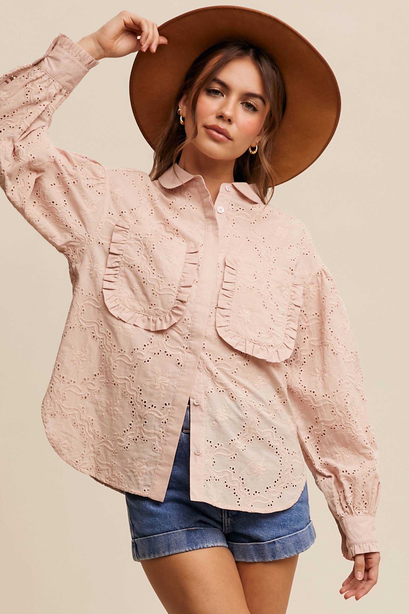 Eyelet Ruffle Pocket Button-Up Blouse Off White