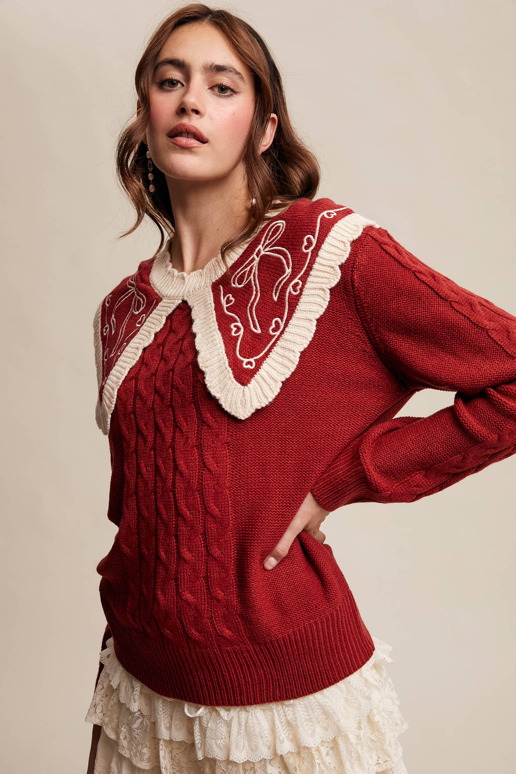 Bow Embroidered Cable Knit Sweater, Burgundy