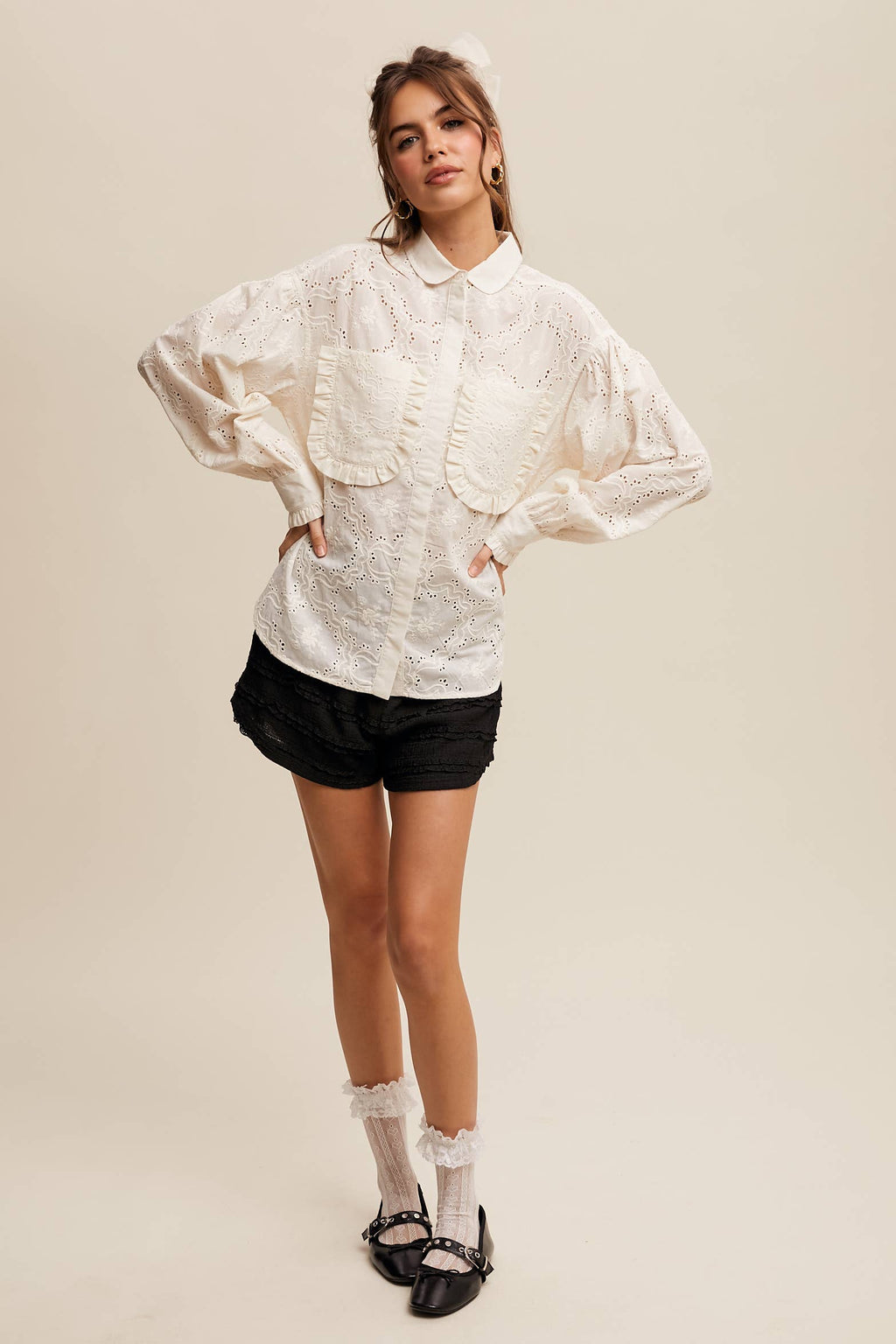 Eyelet Ruffle Pocket Button-Up Blouse Off White