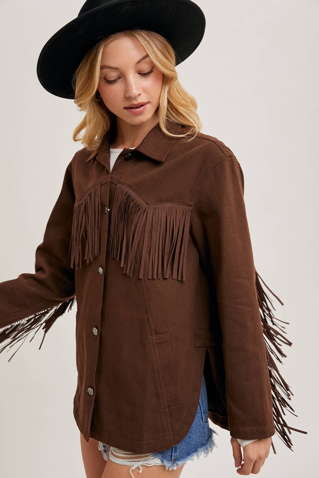 DENIM WESTERN FRINGE BUTTON DOWN JACKET -ESPRESSO / M
