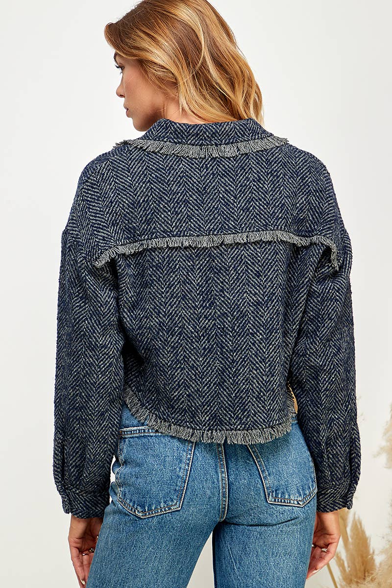 Navy Herringbone Fringe Jacket