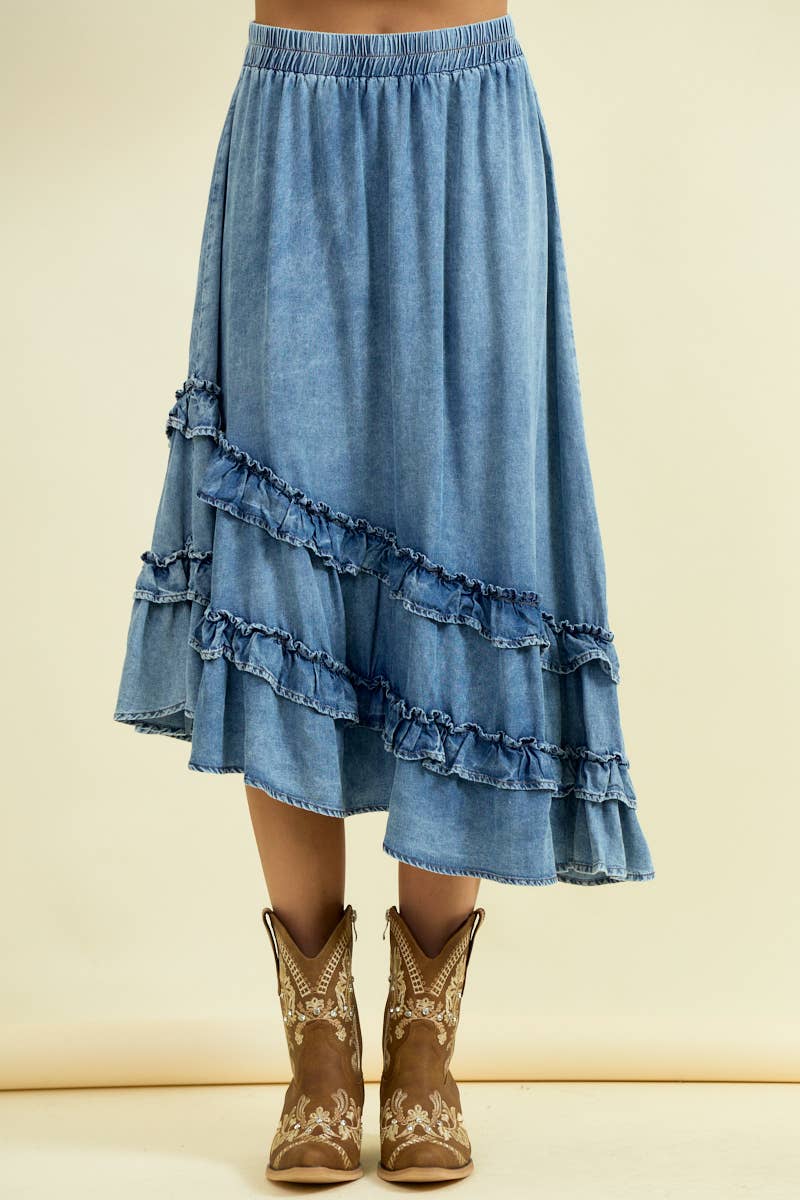 ASYMMETRICAL RUFFLE MIDI SKIRT - DENIM / M