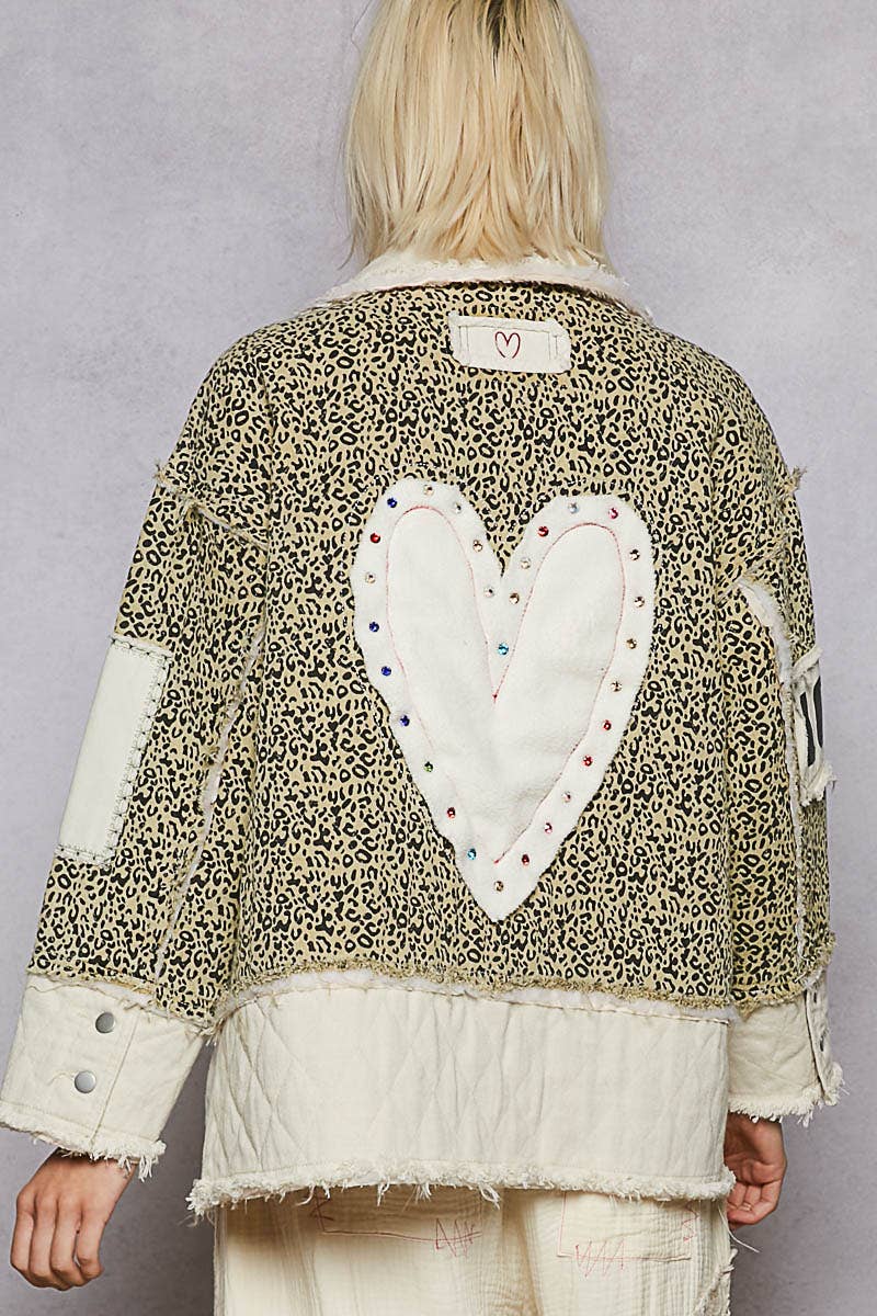 Colorblocked twill patch studded back heart jacket: DENIM / S