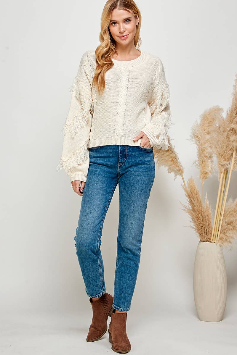 Urban Fringe Sleeve Cable Knit Sweater: Cream