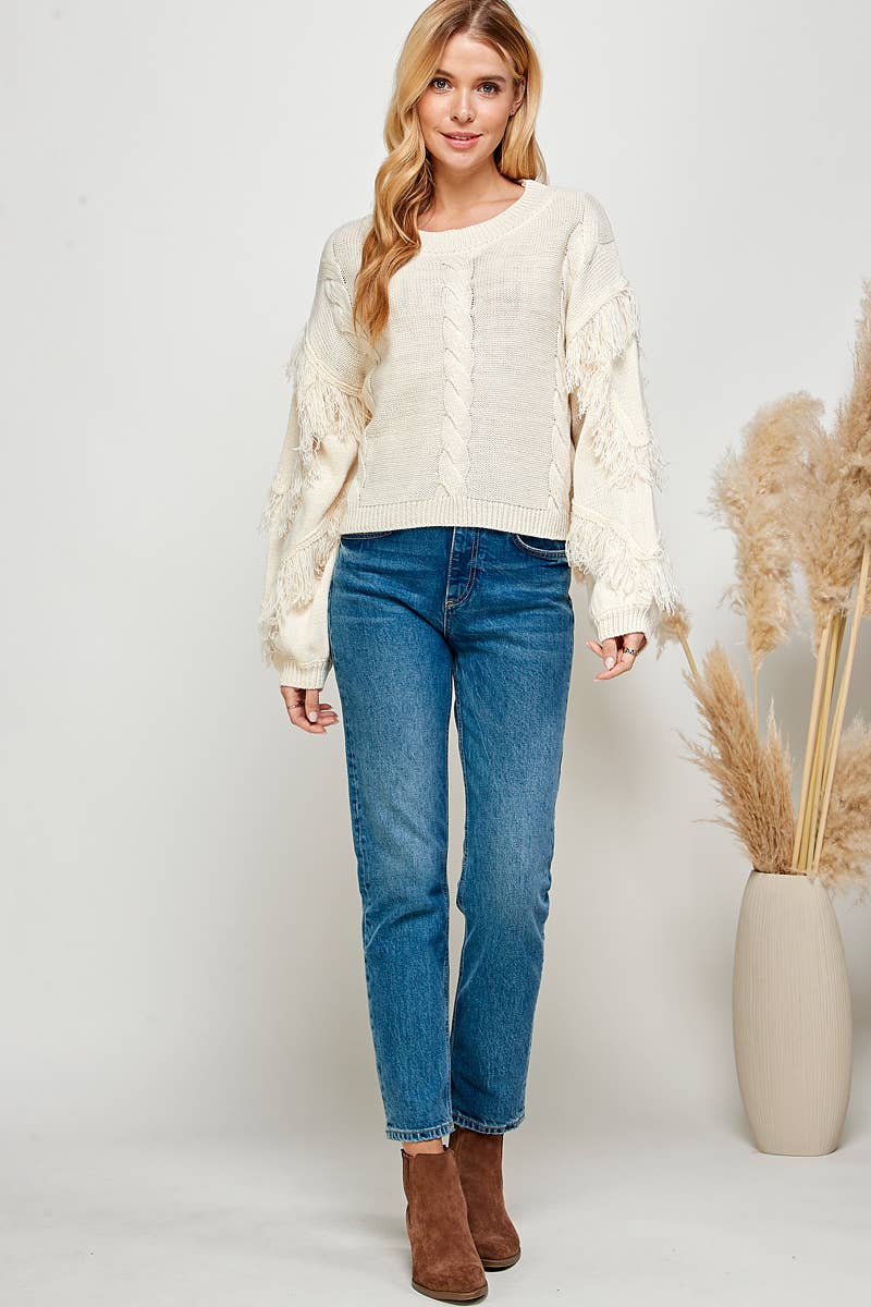 Urban Fringe Sleeve Cable Knit Sweater: Cream