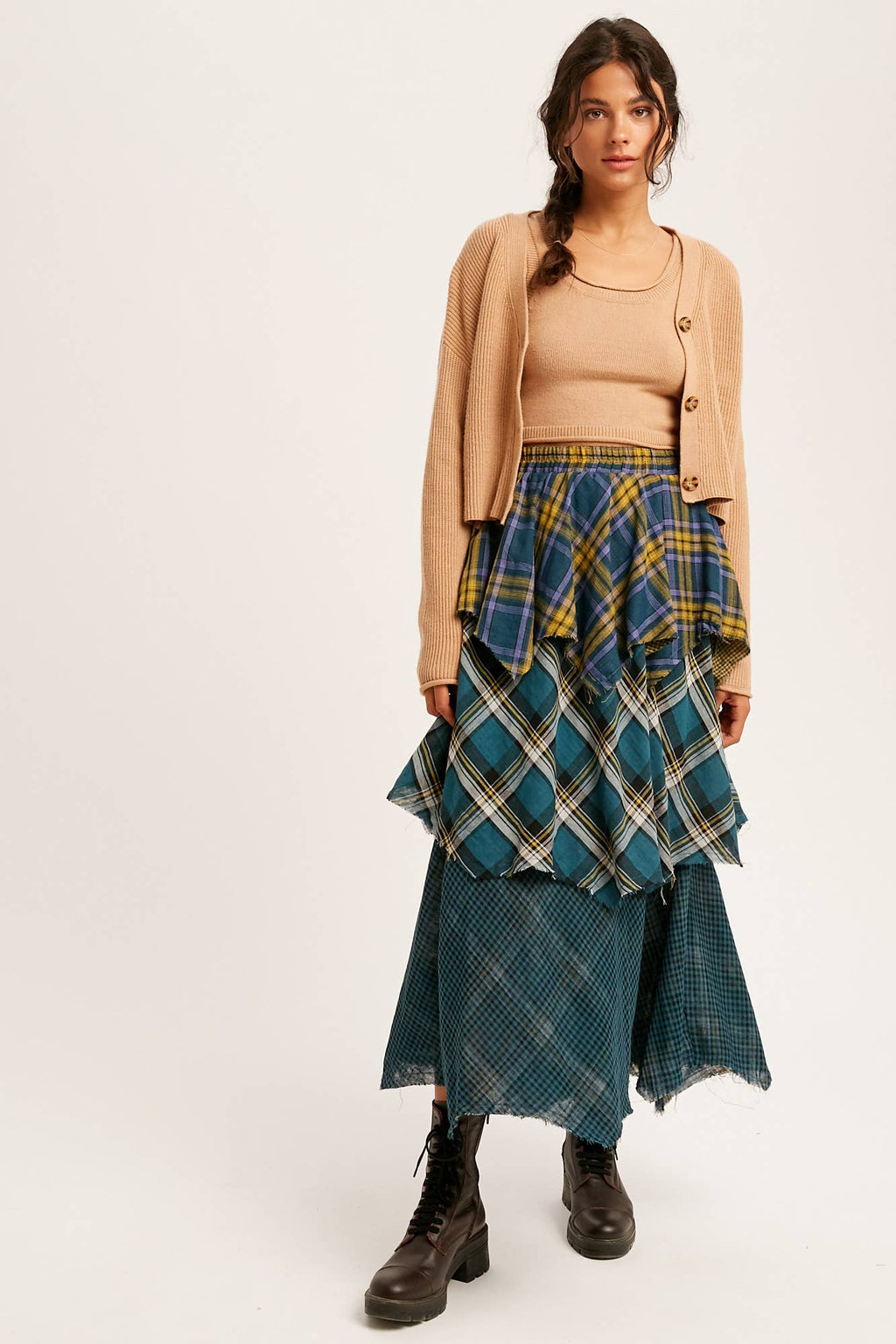 Layered Patchwork Plaid Maxi Skirt