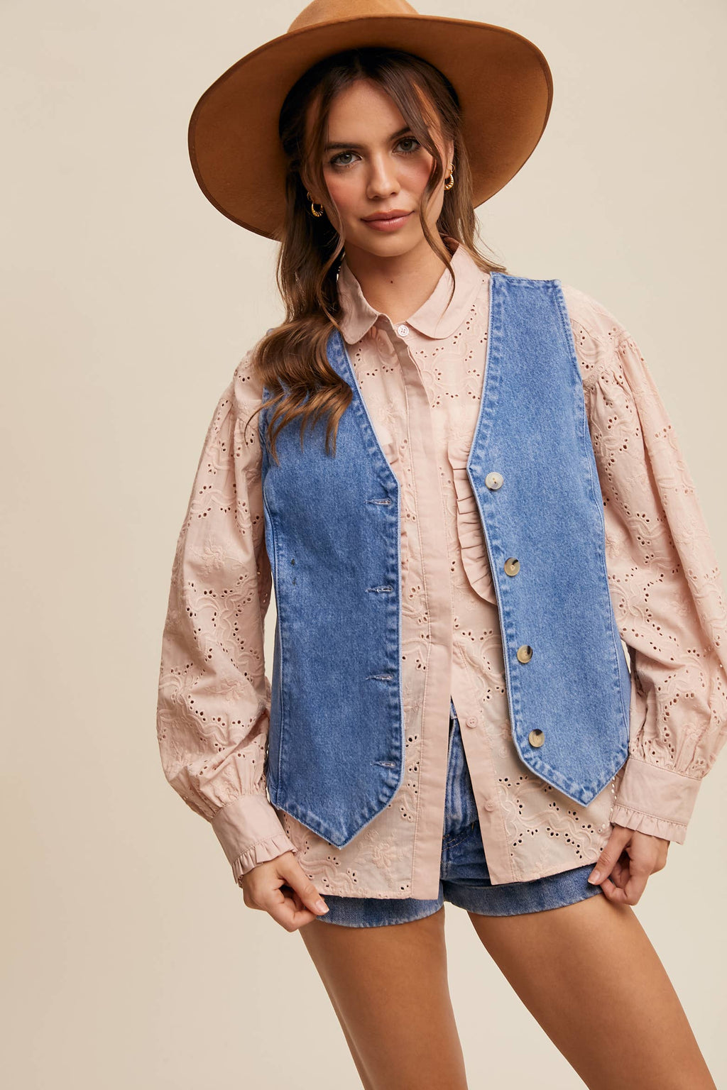 Eyelet Ruffle Pocket Button-Up Blouse Off White