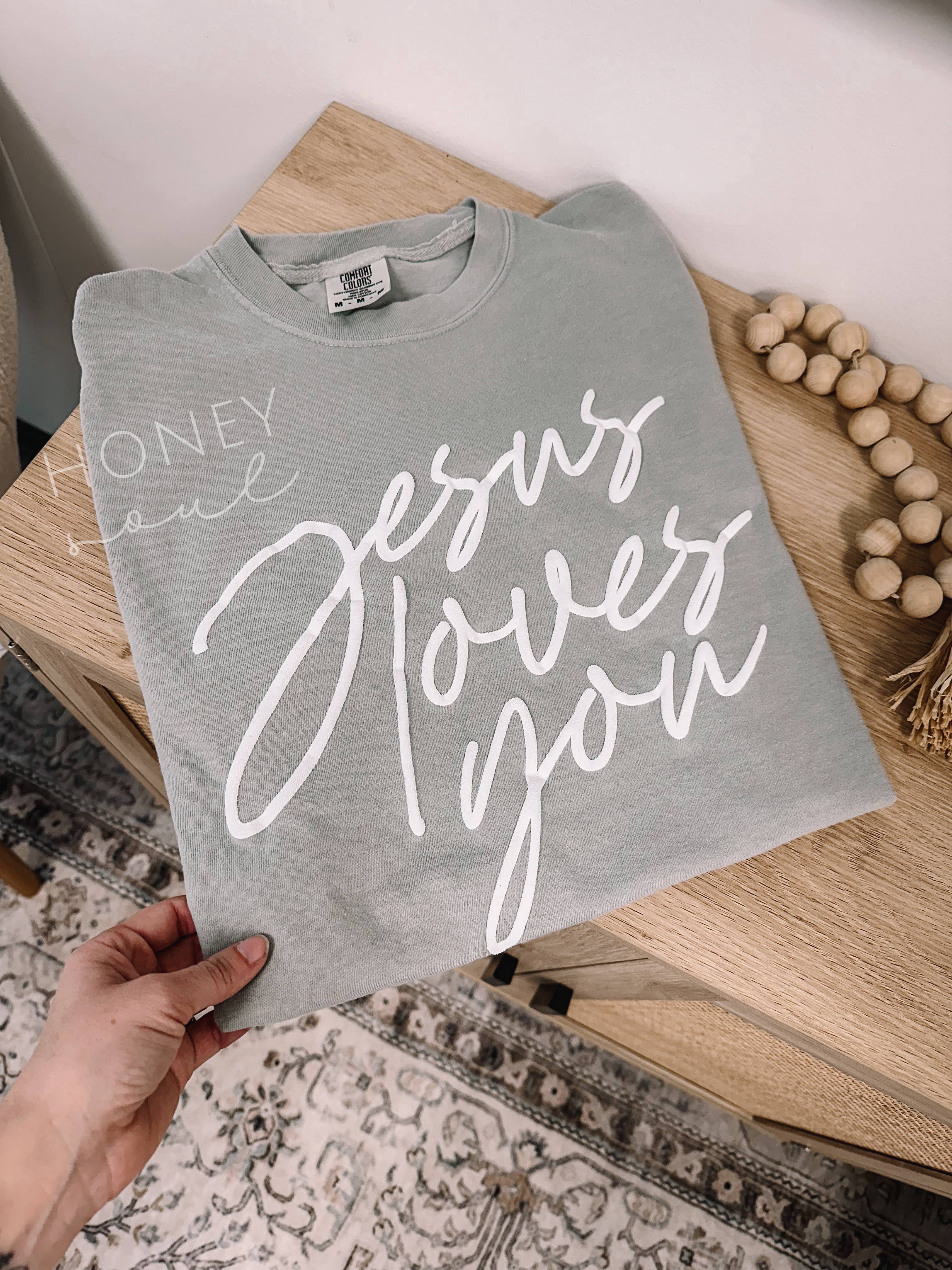 Jesus Loves You Script Puff Print Tee: Sage
