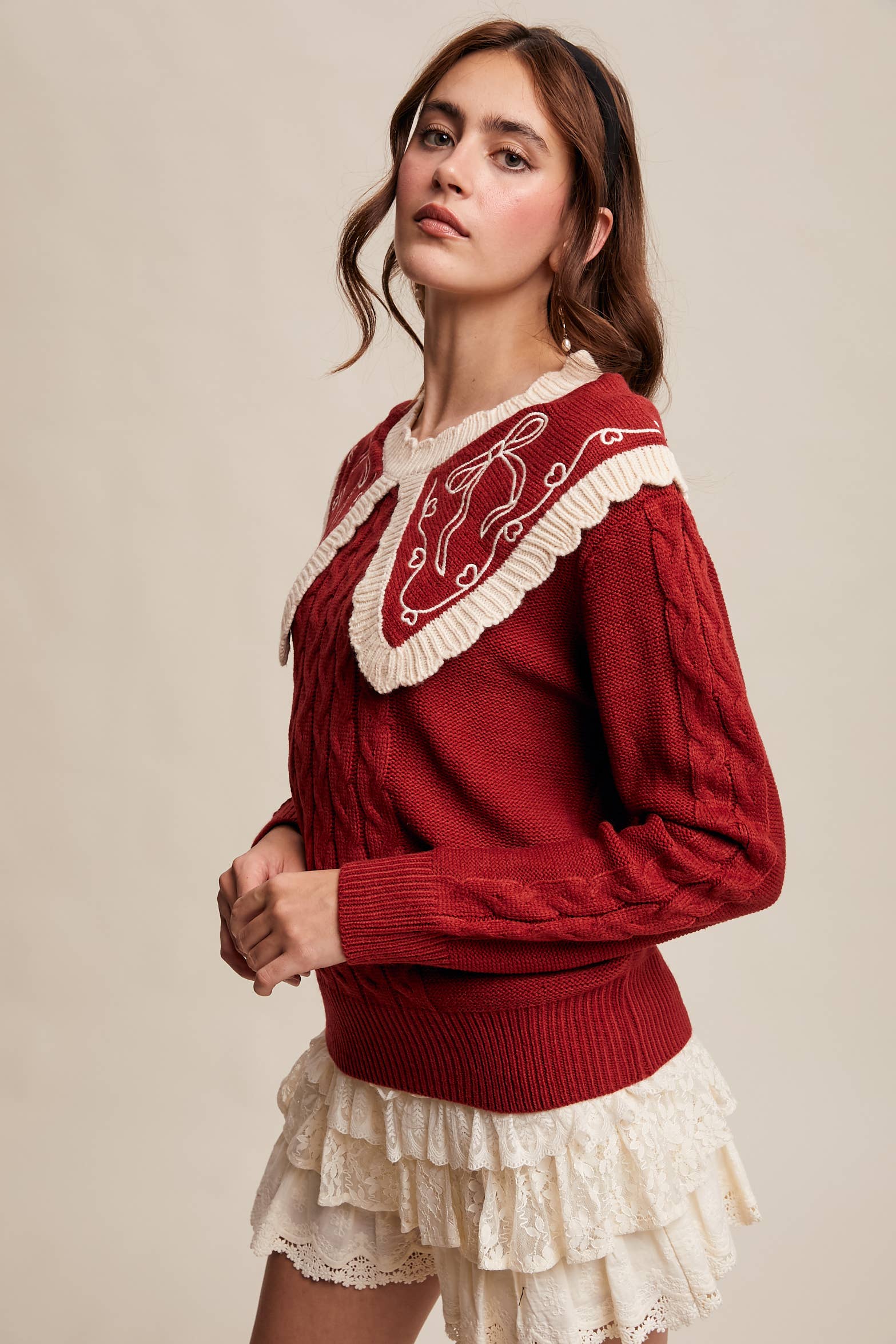 Bow Embroidered Cable Knit Sweater, Burgundy