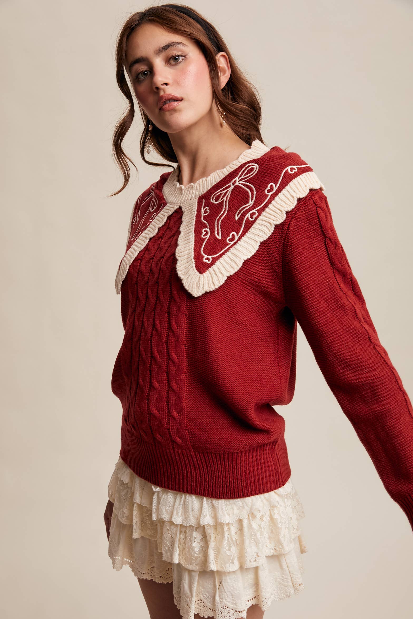 Bow Embroidered Cable Knit Sweater, Burgundy