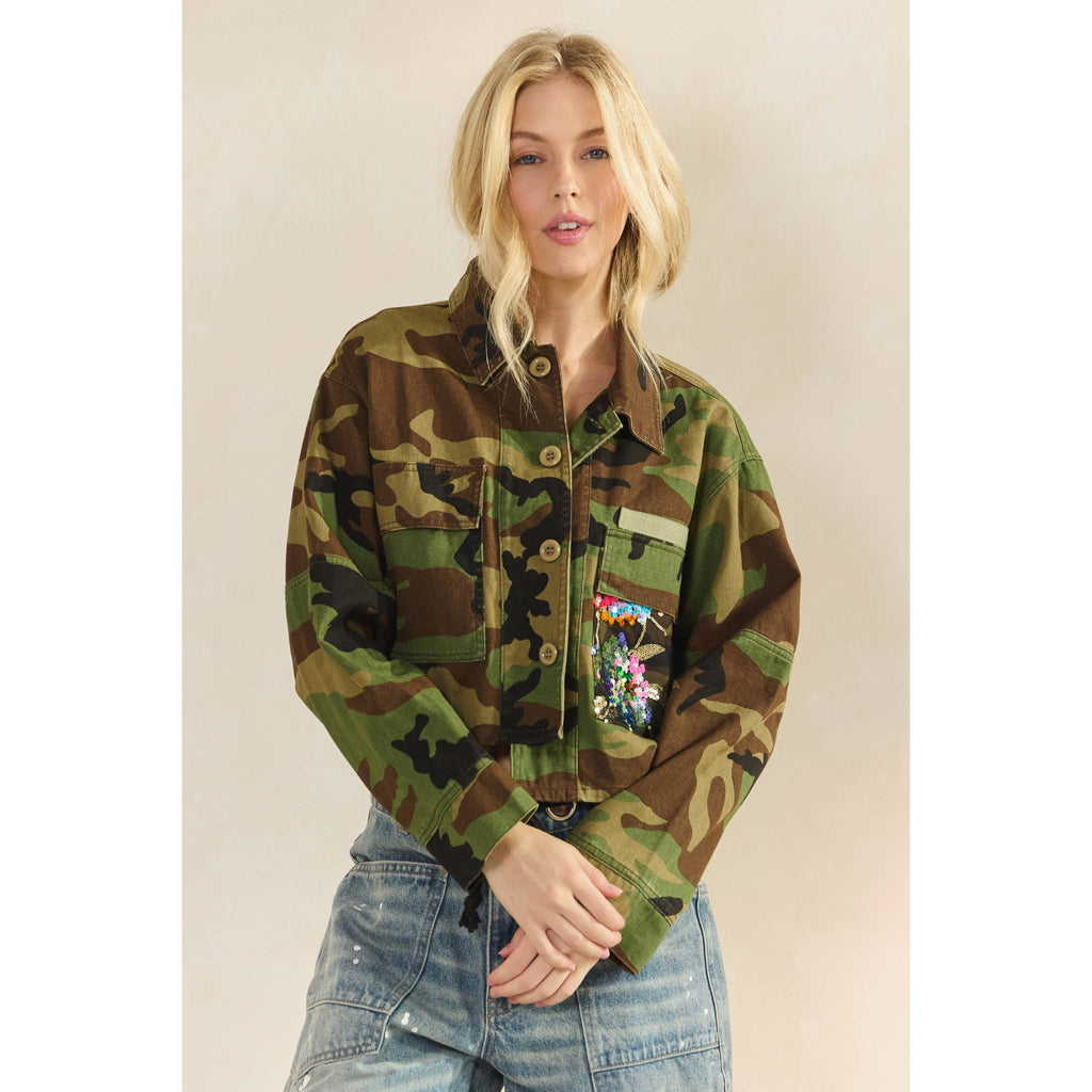 Camo Sequins Contrast Jacket: Camo Floral / S
