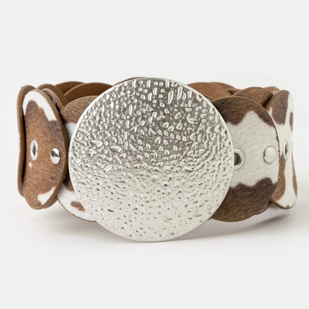 Western Inspired Cowhide Large Round Buckle Vegan Leather Belt