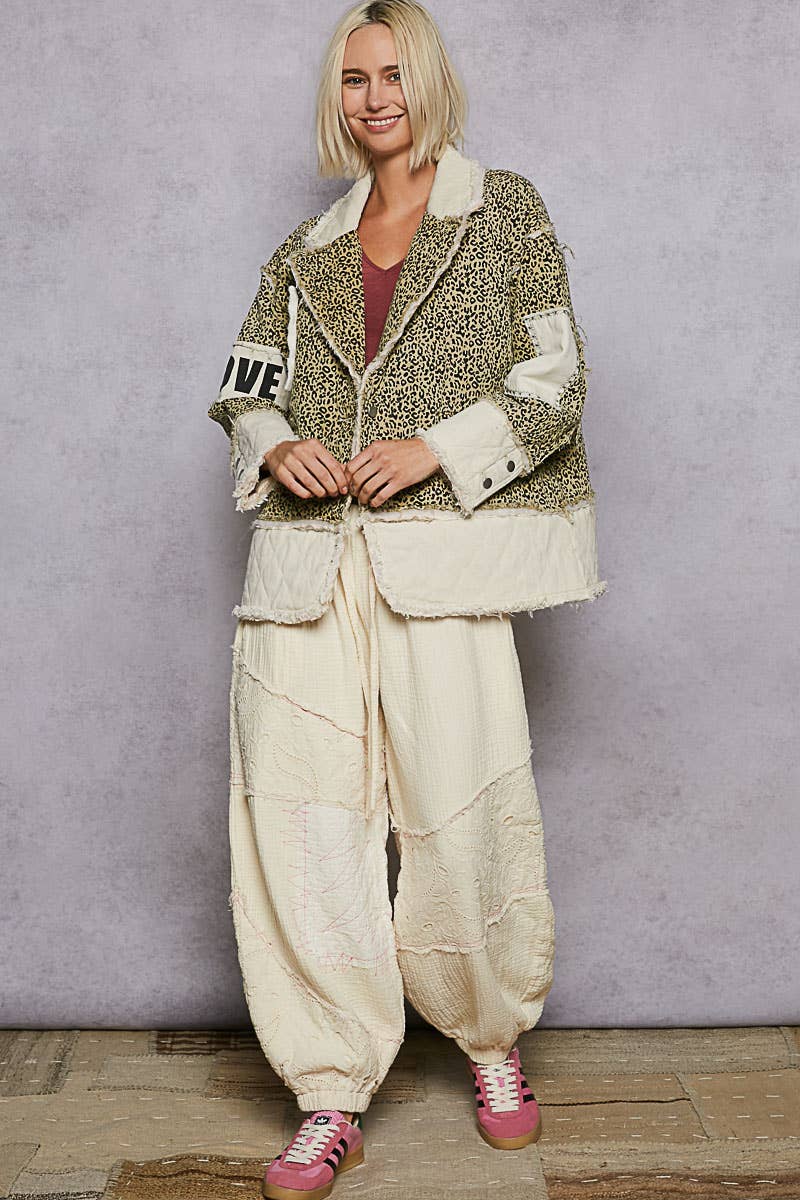 Colorblocked twill patch studded back heart jacket: DENIM / S