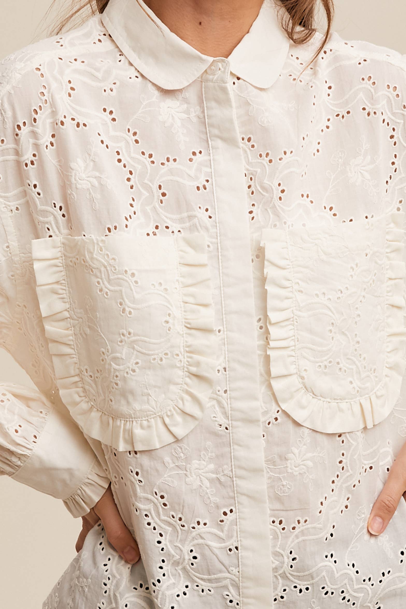 Eyelet Ruffle Pocket Button-Up Blouse Off White