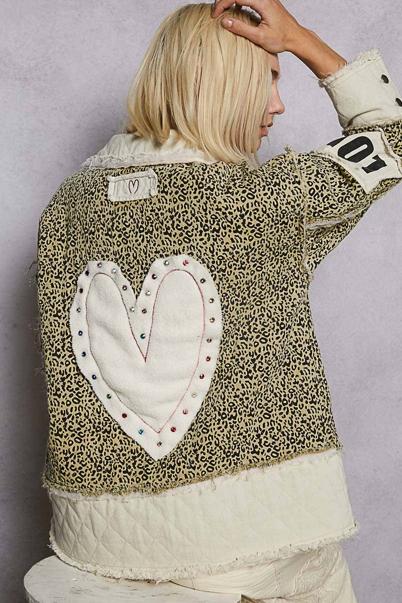 Colorblocked twill patch studded back heart jacket: DENIM / S