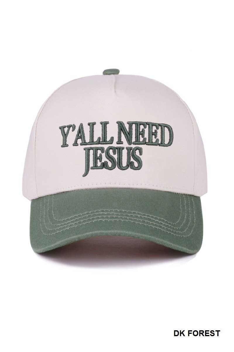 Y'all Need Jesus Two Tone Canvas Cotton Cap: DK FOREST / 1(ONE SIZE)