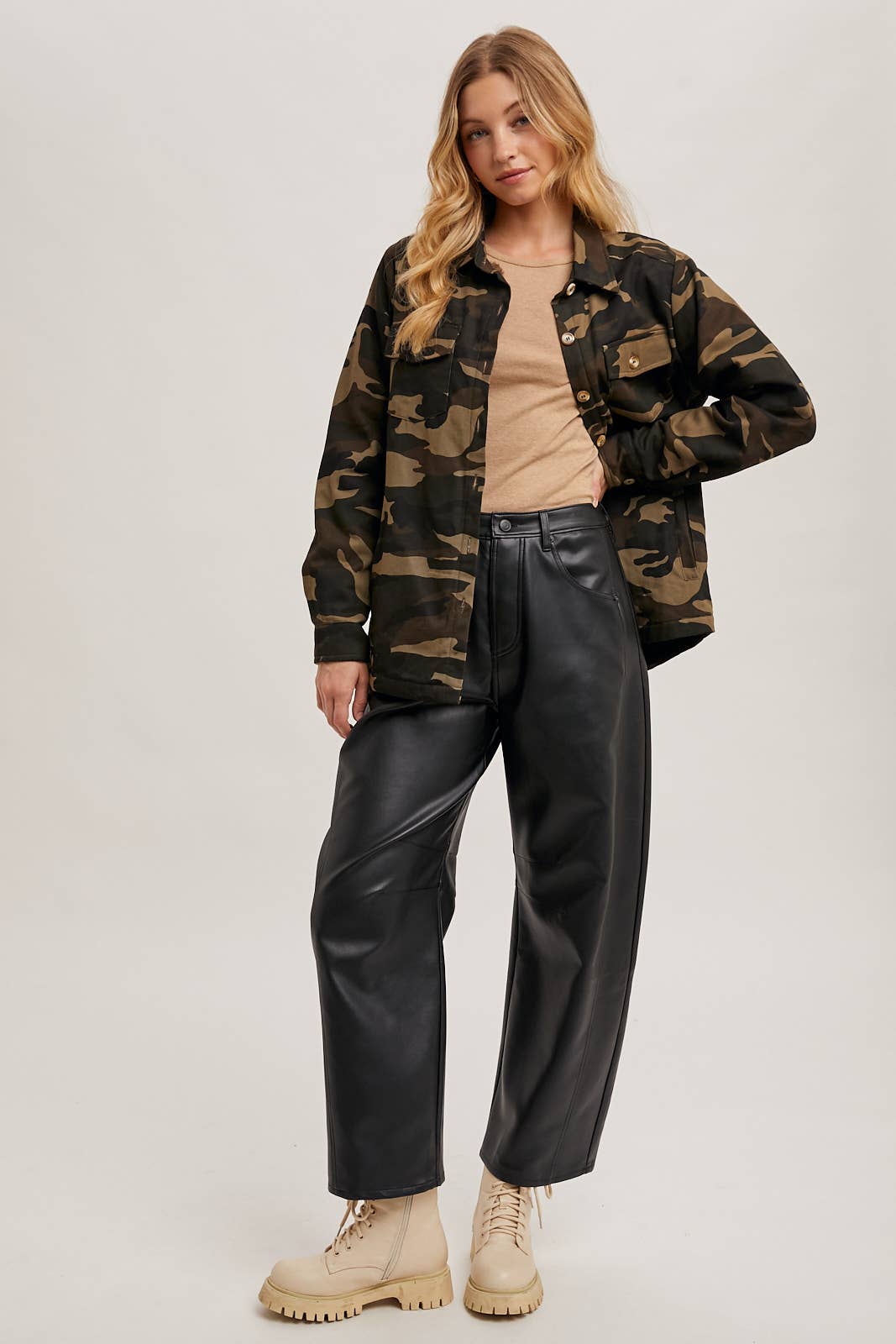 BUTTON DOWN CAMO PRINT SHERPA INNER JACKET OLIVE COMBO / M