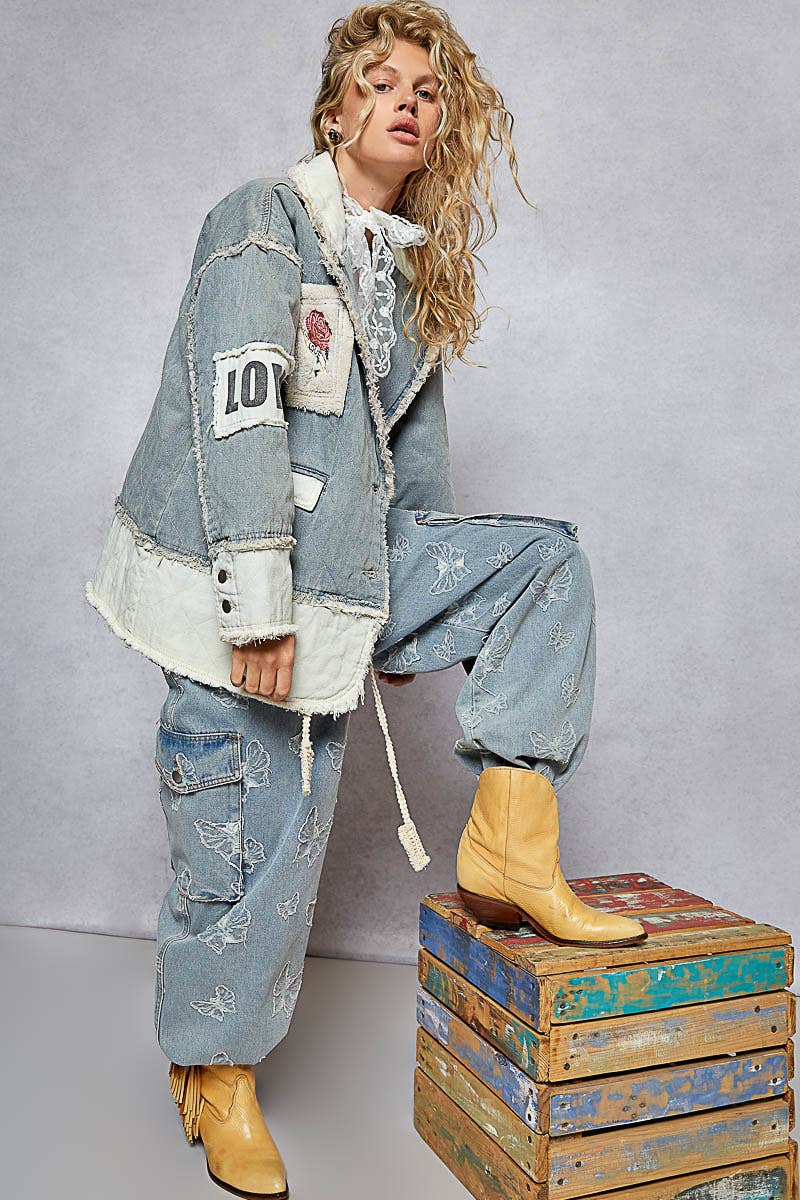 Colorblocked twill patch studded back heart jacket: DENIM / S