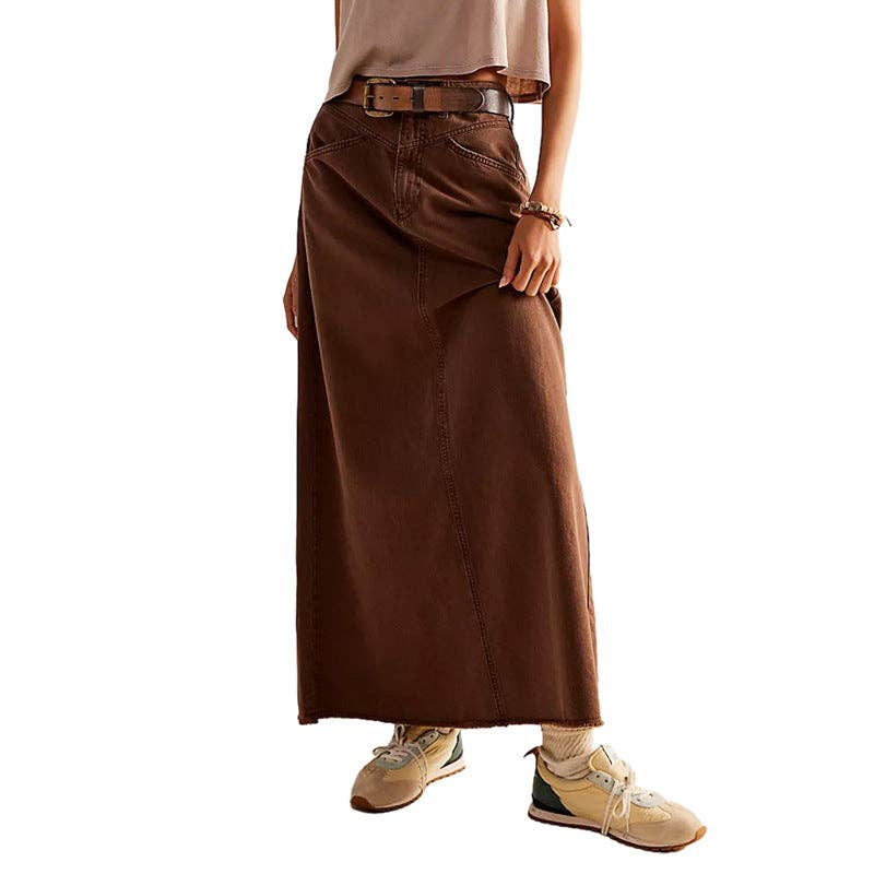 Washed Raw Hem Casual Denim Maxi Skirts Coffee / M