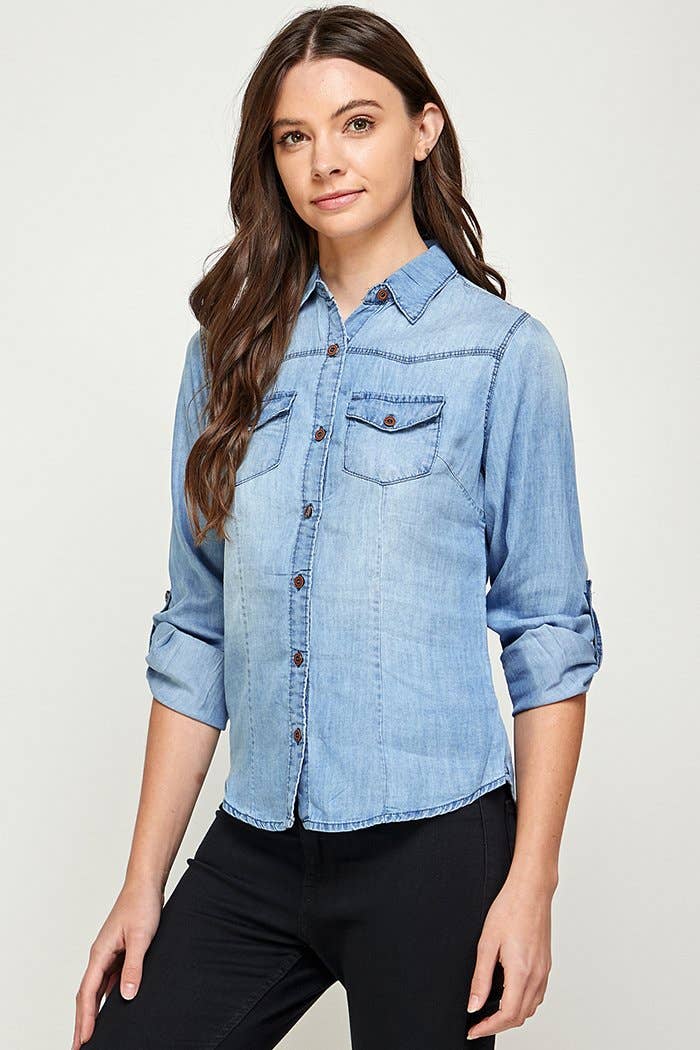Chambray Denim Shirt with 2 Pockets, LIGHT WASH
