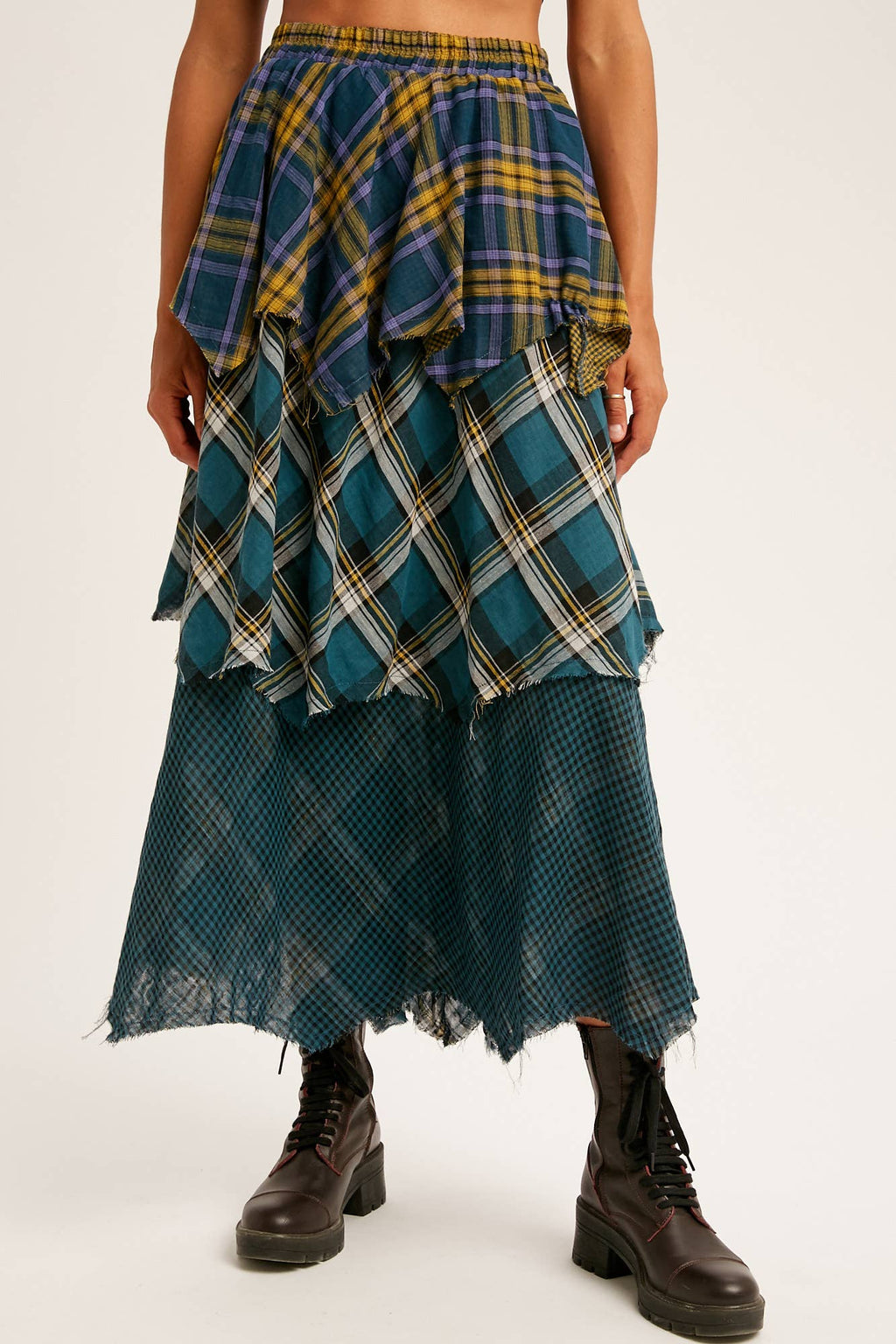 Layered Patchwork Plaid Maxi Skirt