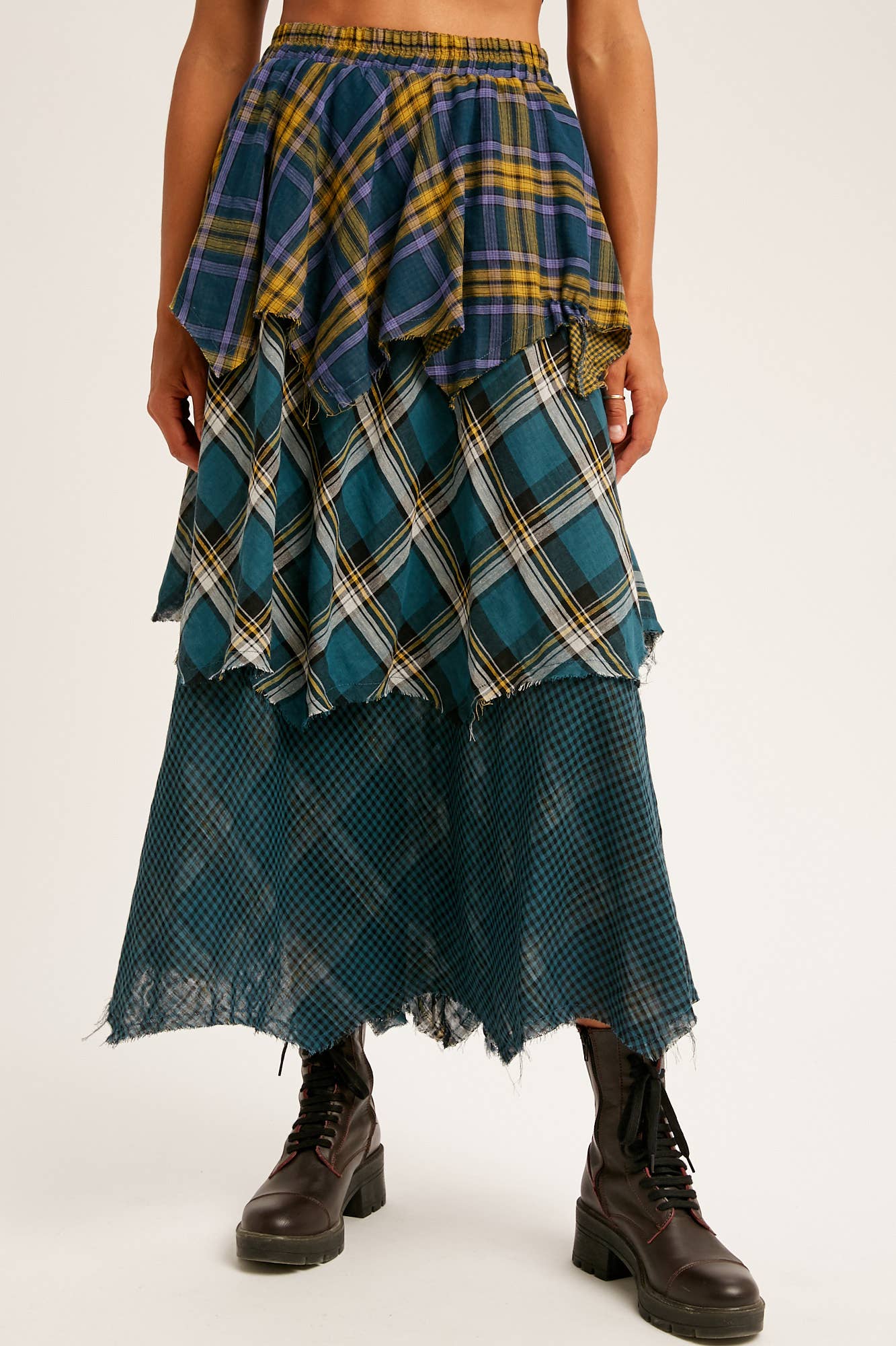 Layered Patchwork Plaid Maxi Skirt
