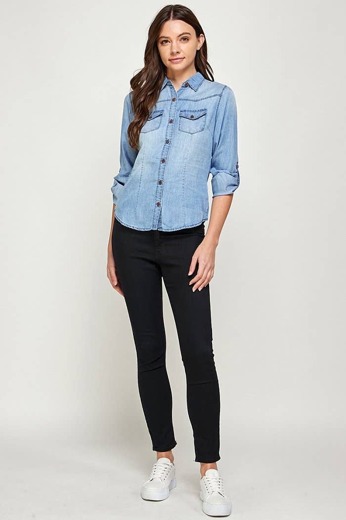 Chambray Denim Shirt with 2 Pockets, LIGHT WASH