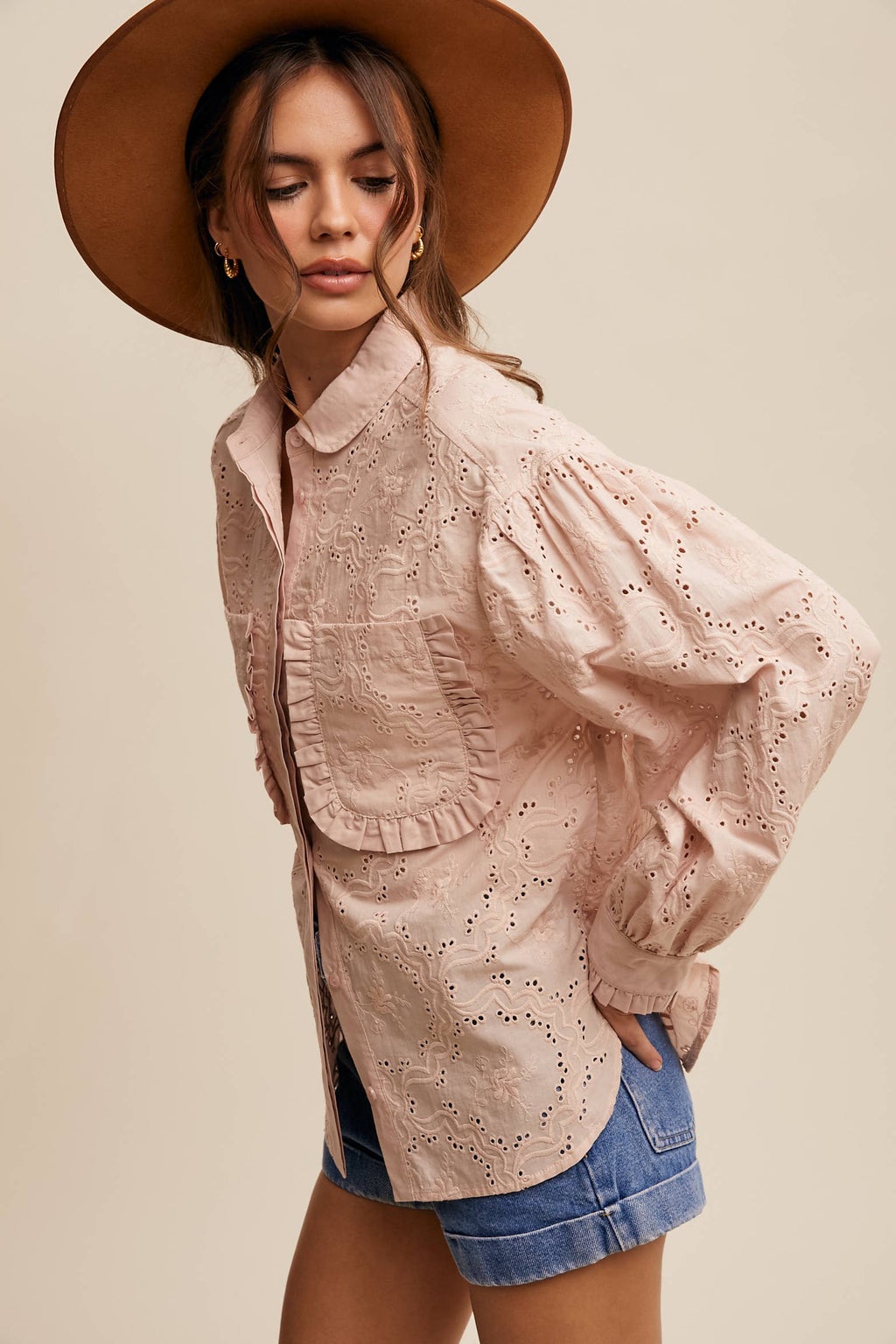 Eyelet Ruffle Pocket Button-Up Blouse Off White