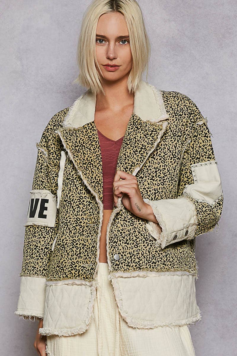 Colorblocked twill patch studded back heart jacket: DENIM / S