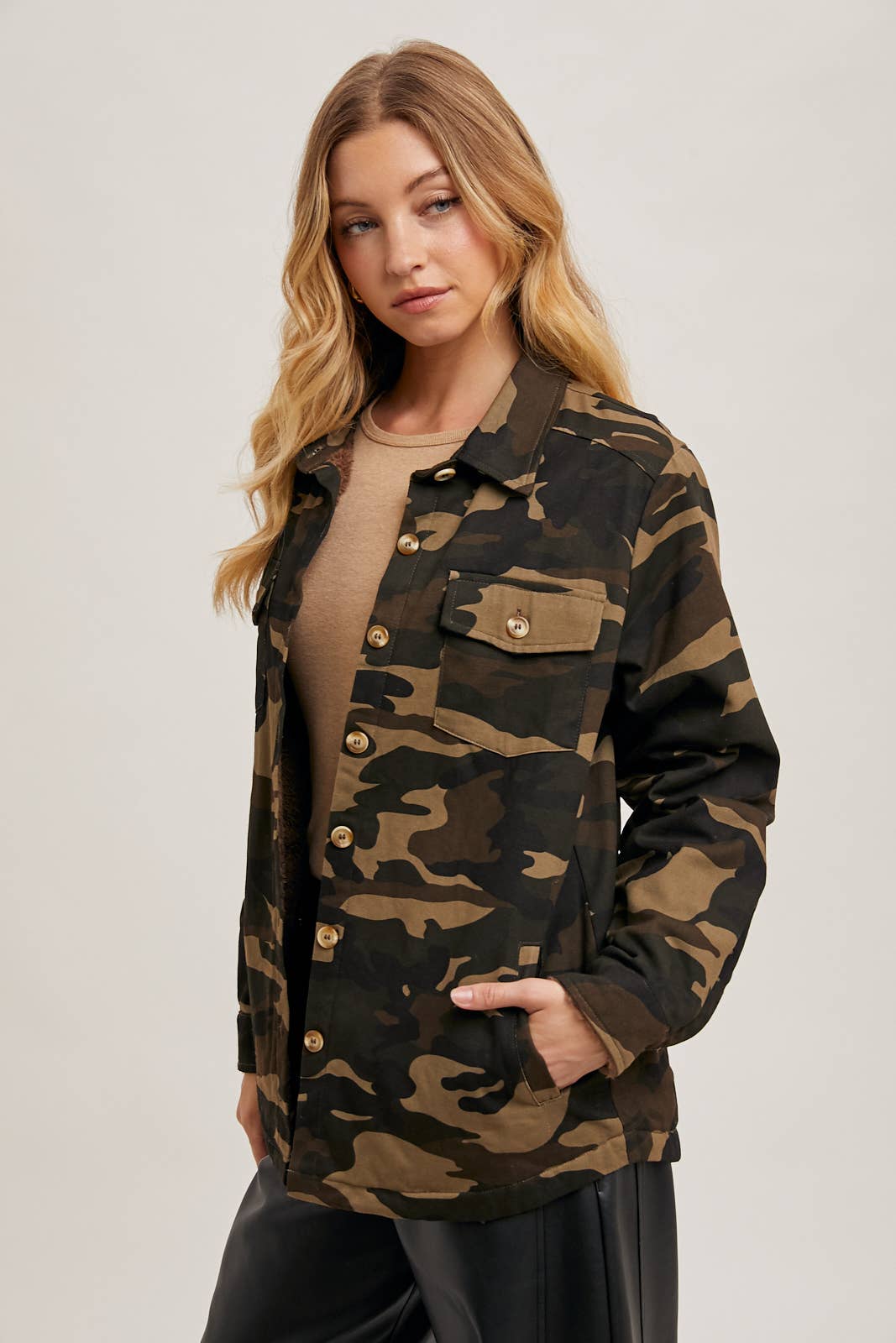 BUTTON DOWN CAMO PRINT SHERPA INNER JACKET OLIVE COMBO / M