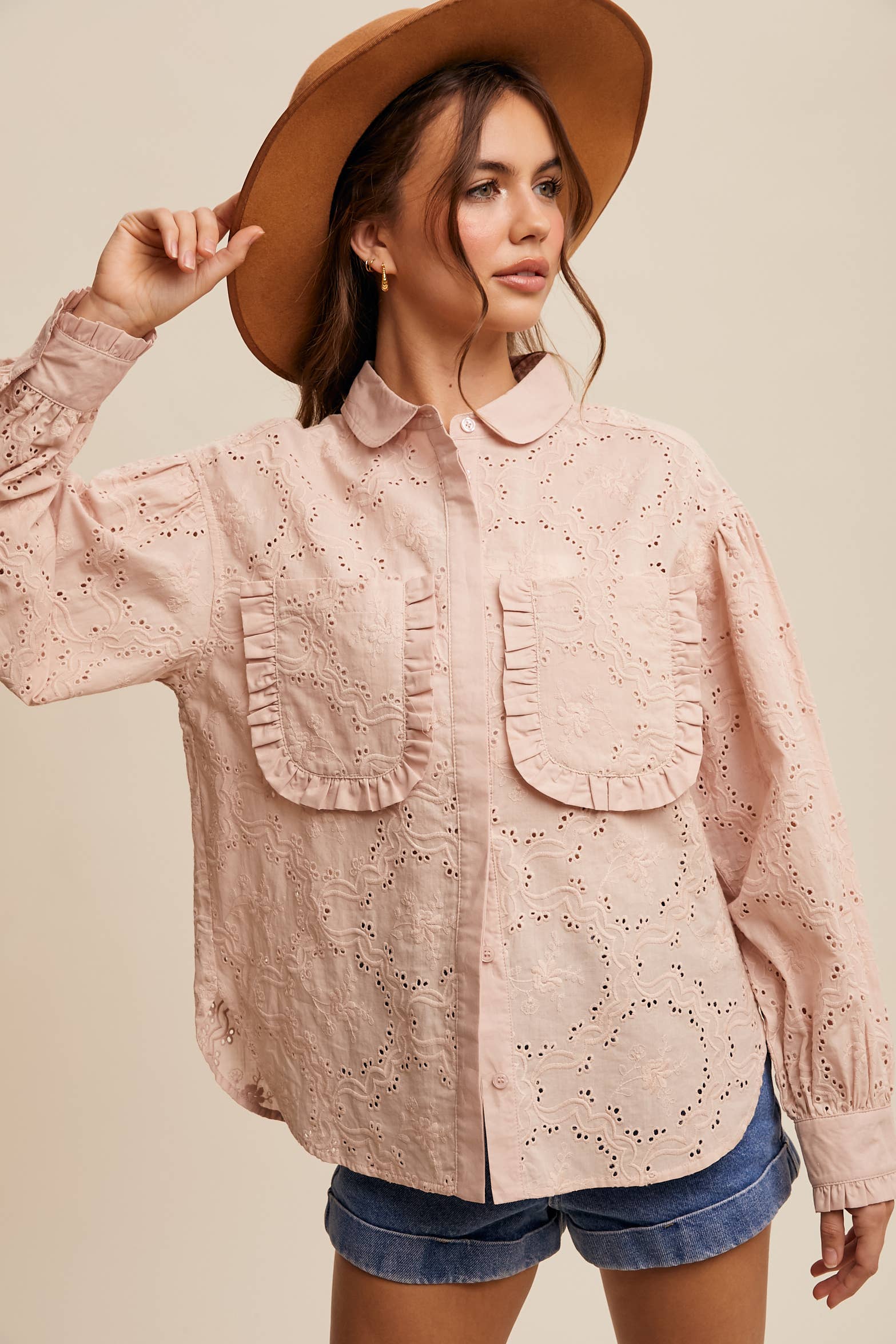 Eyelet Ruffle Pocket Button-Up Blouse Off White