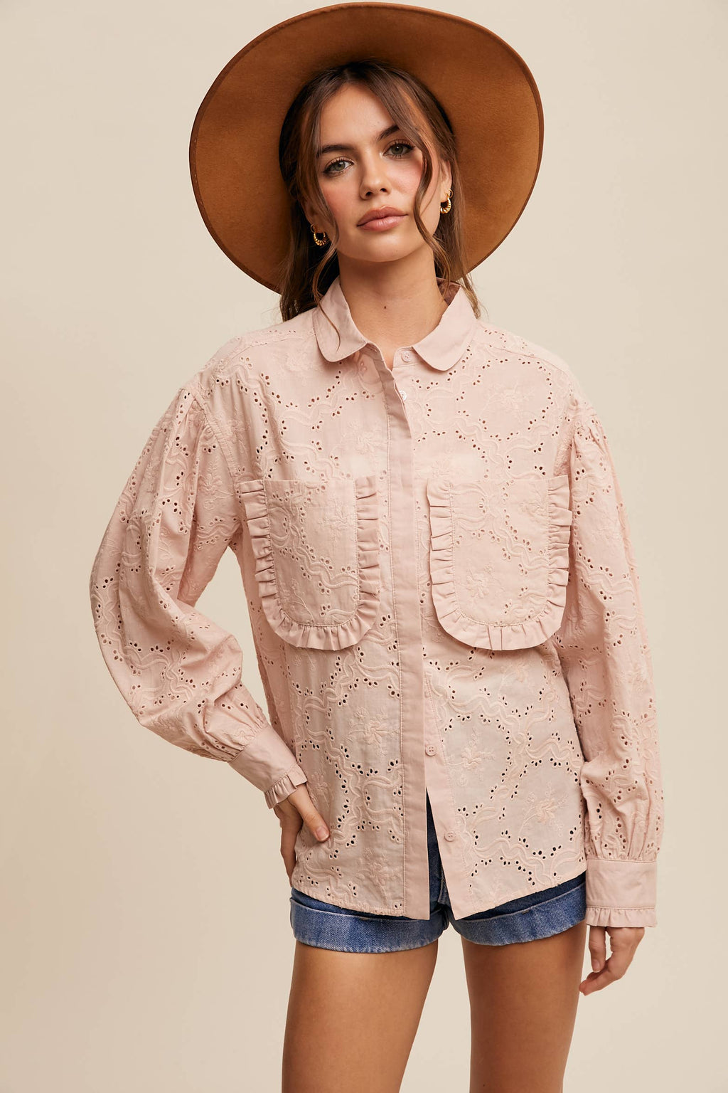 Eyelet Ruffle Pocket Button-Up Blouse Off White