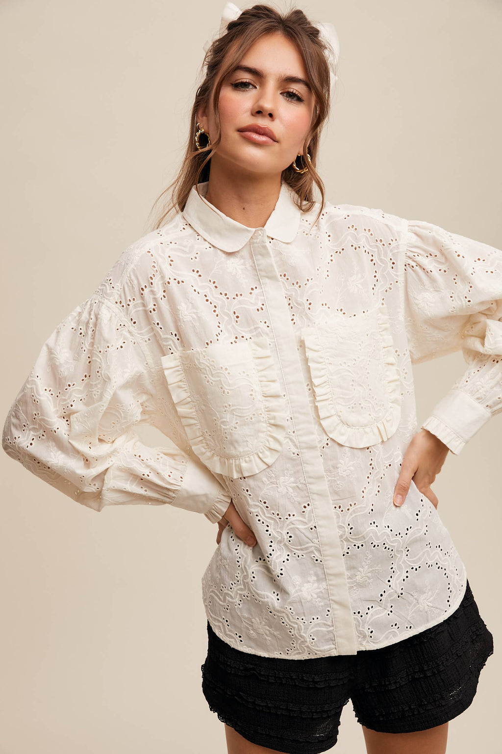 Eyelet Ruffle Pocket Button-Up Blouse Off White