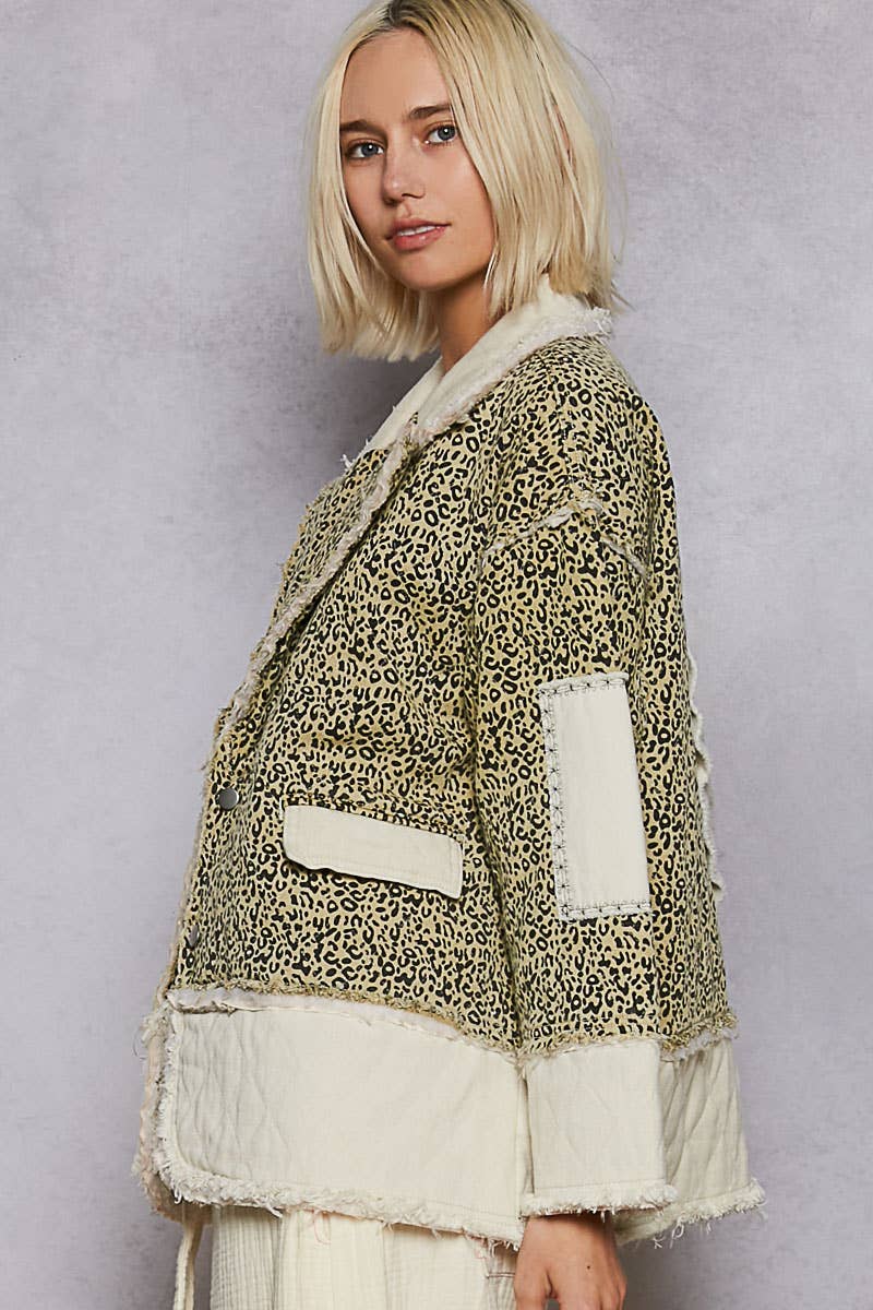 Colorblocked twill patch studded back heart jacket: DENIM / S