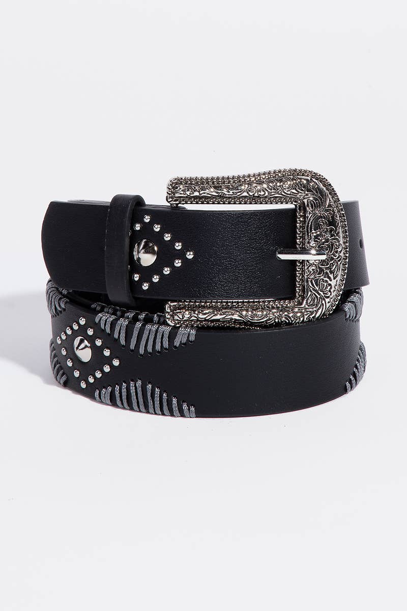 Black Western Floral Etched Buckle Vegan Leather Bel