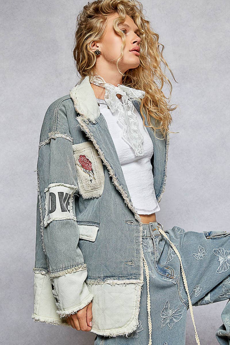 Colorblocked twill patch studded back heart jacket: DENIM / S